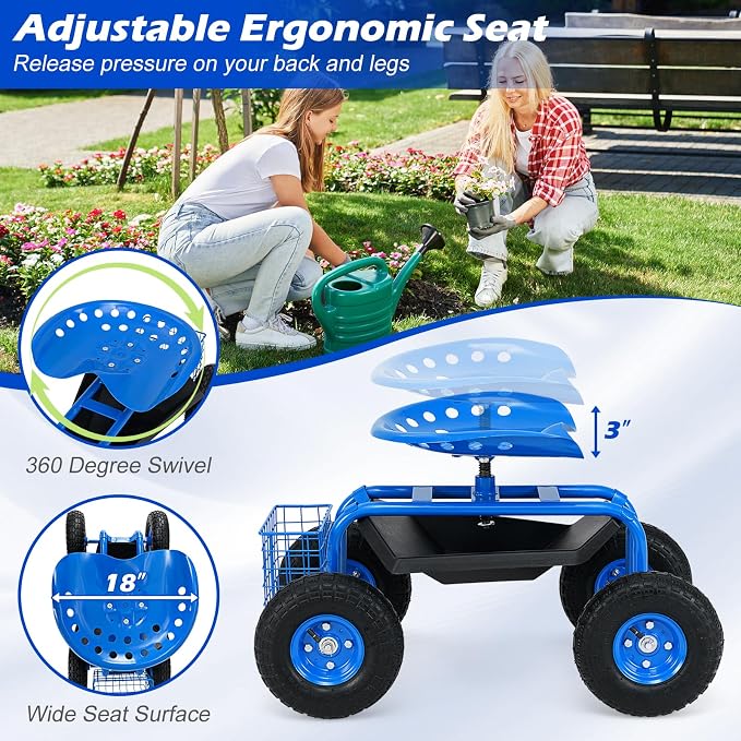 S AFSTAR Rolling Garden Seat, Outdoor Lawn Yard Patio Work Swivel Seat with Heavy Duty Wheels, Tool Tray & Basket, Garden Cart Wagon Scooter (Blue)