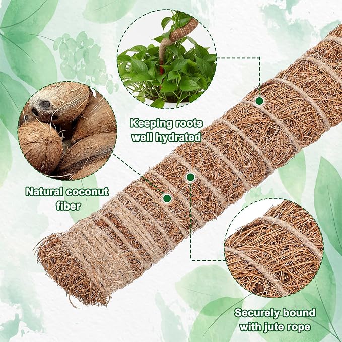 4 Pcs Bendable Moss Pole for Monstera Plant Support, 24” Natural Handmade Coir Pole Stick for Climbing Plants Indoor Plant Stakes Real Moss Poles for Potted Plants to Grow Upwards