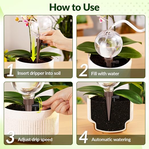 NiHome Plant Self-Watering Globes for Busy Individuals & Travelers, Long-Lasting Moisture Consistent Dripper Spike for Indoor Plants, Adjustable Flow Valve Easy to Refill & Maintain (2-Pack)
