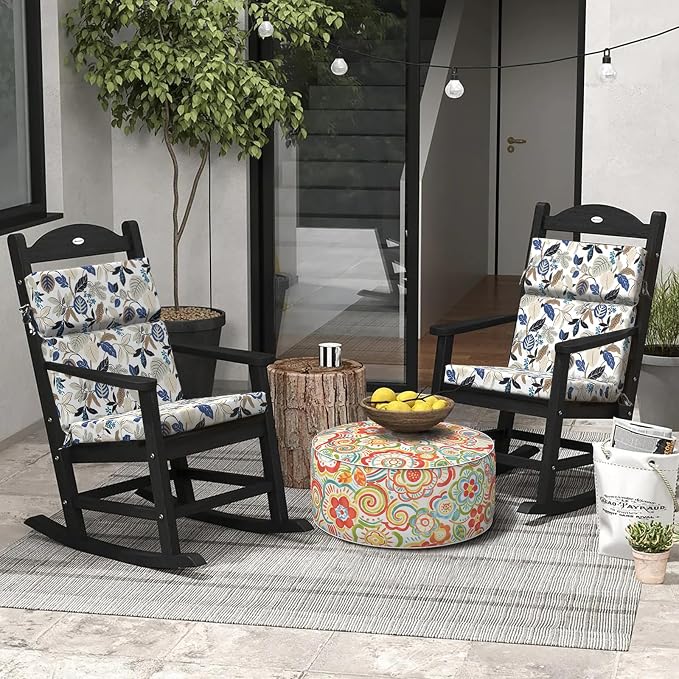 DYTXIII Outdoor High Back Chair Cushions Set of 2, 44"x22" Water Repellent Patio Seat Cushions with Elastic Sponge, All Weather Chair Pads for Rocking, Dining Chairs, Patio Furniture - Leaves Beige