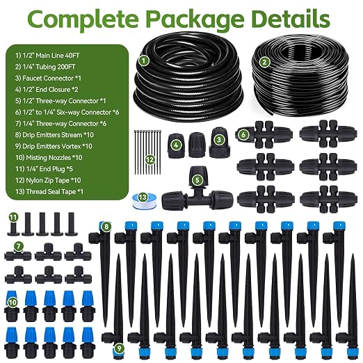 Inntop 240FT Drip Irrigation System Kits, Quick Connect Automatic Garden Watering System for Raised Bed, Potted Plants, Lawn, Greenhouse with 1/2 inch Hose 1/4 inch Tubing and Accessories
