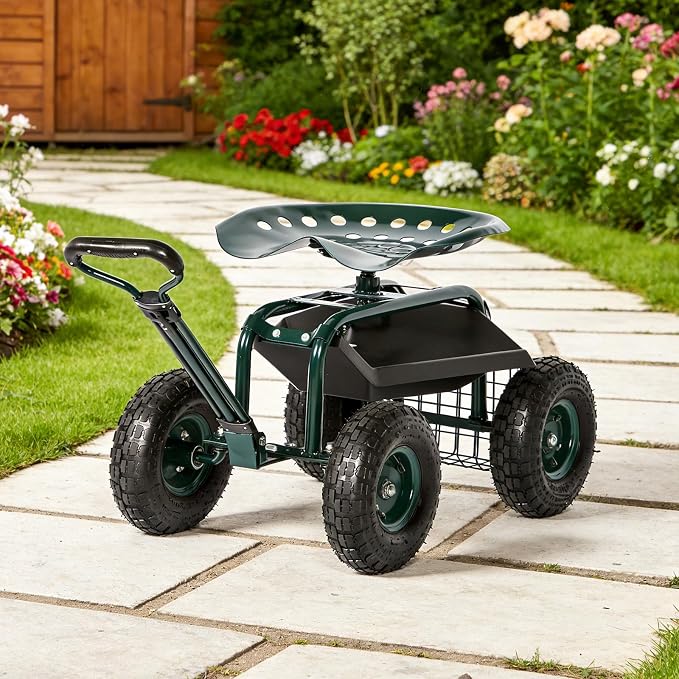 kinbor Rolling Garden Scooter Garden Cart Seat with Wheels and Tool Tray, 360 Swivel Seat, Green
