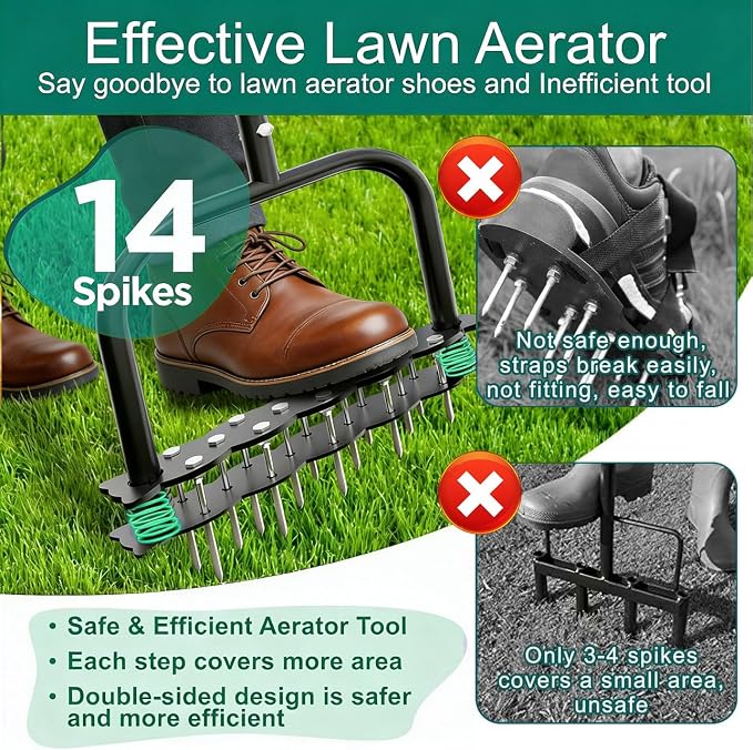 Manual Lawn Aerator Tool with 14 Iron Spikes, Spring‑Loaded Automatic Dirt & Leaf Cleaning, Height Adjustable Metal Yard Aerator for Soil Loosening & Lawn Aeration