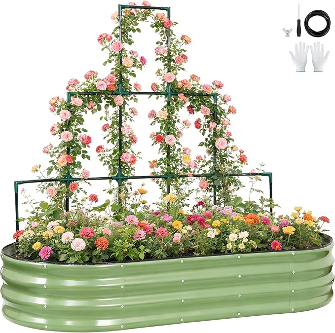 Galvanized Raised Garden Bed with Wall Trellis | 6x3x1FT Metal Raised Garden Beds Outdoor for Gardening Climbing Plants | Planter Box Outdoor with Gloves for Vegetable Flower, OliveGreen