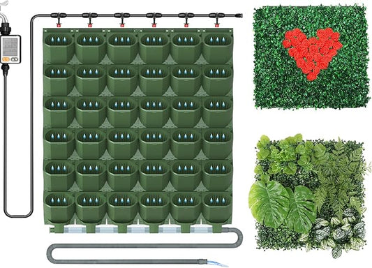 36 Pockets Self Watering Wall Mounted Vertical Planter, Wall Planter Indoor Vertical Living Green Plant Wall Easy Installation (Green with Timing System)