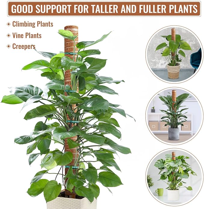 8 Pcs 12 Inches Coir Totem Pole With 16 Pcs Adjustable Plant Twist Ties - Moss Stick for Creepers Plant Support Extension, Climbing Indoor Plants