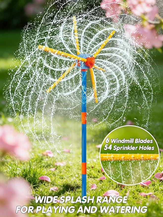 VATOS 59" Windmill Water Sprinkler Outdoor Yard Toy for Kids, New Upgrades Double-Sided with 6 Blades, 54 Spray Nozzles, 360° Spining Splash Summer Fun Play for Boys, Girls, Pets and Lawn Watering