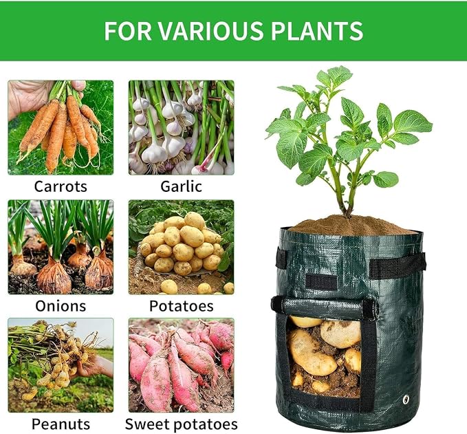 iPower Potato Grow Bags with Flap 10 Gallon 4 Pack, Garden Planting Pot with Durable Handle and Harvest Window, Thickened PE Container for Potato, Tomato, Carrot, Vegetable and Fruits