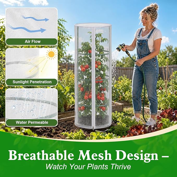 2 Pcs Garden Mesh Plant Cover for Round Tomato Cage, 57" x 15.7" Insect Bird Netting Protection Net Covers with Zipper & Drawstring, Garden Tomato Trellis Netting for Climbing Plants