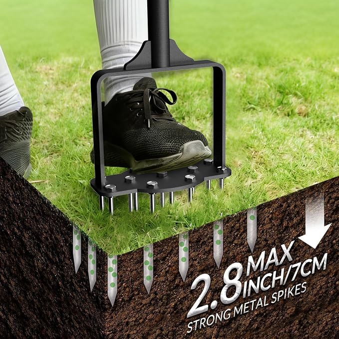 Manual Lawn Aerator Tool with 11 Steel Spikes, Easy Step-On Soil Aerator for Yard & Garden, Heavy Duty Lawn Spike Aerator with Foot Bar & T-Handle, Improve Drainage & Thicker Grass