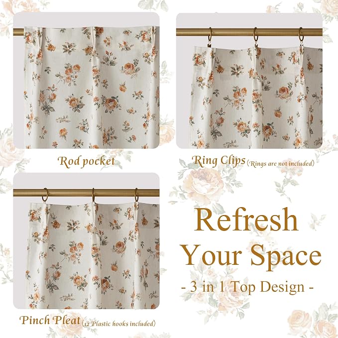 StangH Pinch Pleat Cafe Curtains 36 Inch Long Vintage Floral Linen Half Window Curtains for Kitchen/Bedroom,flowal Yellow,W26xL36,2 Panels（10 Plastic Hooks with 2 Extra）