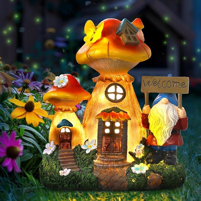 Json Solar Garden Statue Lights Mushroom Fairy House Figurine, Outdoor Memorial Garden Ornaments Waterproof Decoration for Fairy Garden,Outside Patio Yard Lawn Pathway Decor