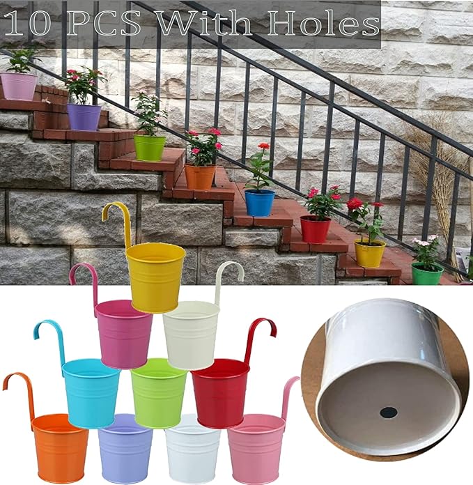 Railing Planters with Drainage Holes, 10 Pack 6.3" x 4.7" x 5.3" Iron Hanging Flower Pots with Removable Hooks for Balcony Fence Garden Suitable Indoor Outdoor, Plant Hanger, 10 Colors