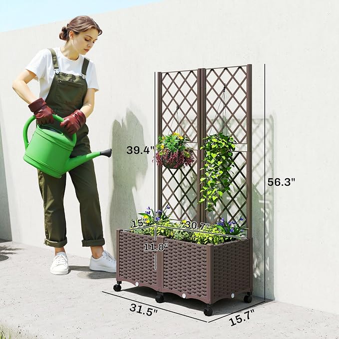 Outsunny Planter Box with Trellis, Self Watering Raised Garden Bed with Lockable Wheels, 56.3" Trellis Privacy Planter with Drainage Holes for Climbing Plants, Vines, Vegetables, Flowers, Brown