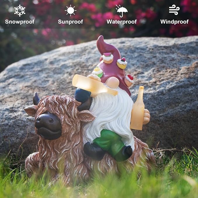 Dad Gifts for Fathers Day,Gnome Garden Decor Statue with Solar Light Lantern, Highland Cow Birthday Gifts for Men Women Mom Grandma, Funny Waterproof Resin Figurine Outdoor Decor for Yard Patio Porch