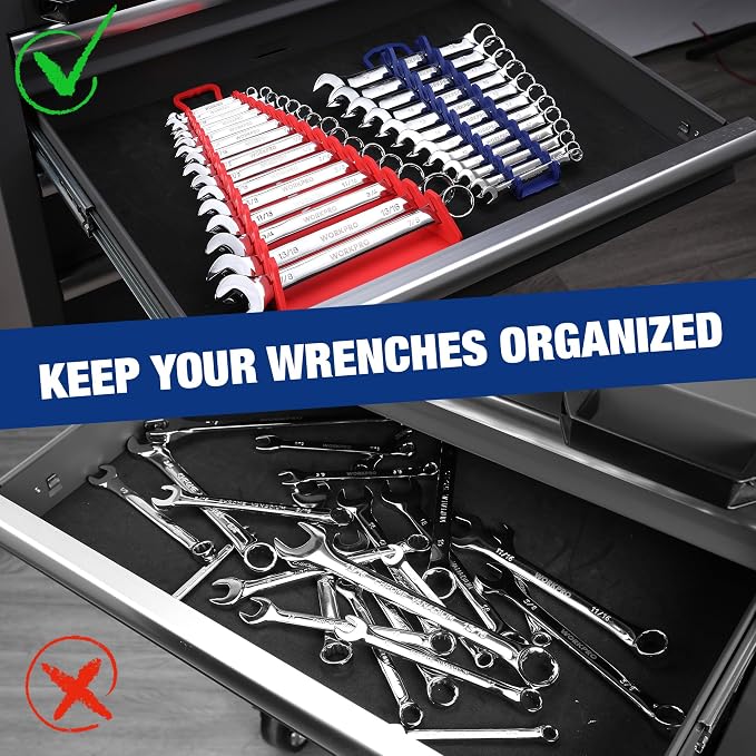 WORKPRO 4-Pack Magnetic Wrench Organizer, 2PC 15-Slot and 2PC 12-Slot Gripper Holder for Tool Boxes, Flexible Gripping Teeth and Carrying Handle, Fit for SAE and Metric, Blue, Red