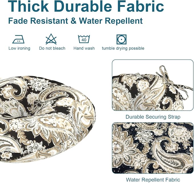 DYTXIII Set of 2 Outdoor Round Chair Cushions 15"x15"x4" with Ties, Water Repellent Tufted Bistro Seat Cushions, Thick Patio Chair Pads for Bar Stool, Garden & Dining Furniture - Paisley Black
