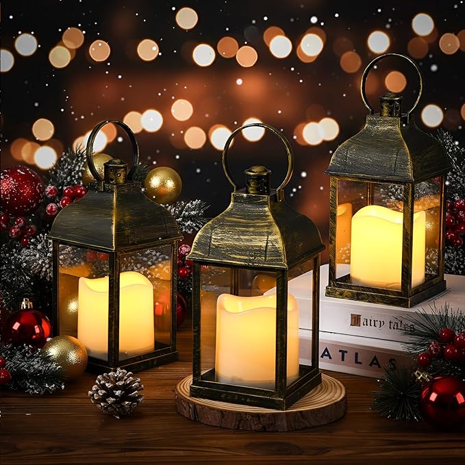 12 Set 10 Inch Bronze Decorative Candle Lanterns Bulk Lanterns Centerpiece with LED Flameless Candle Indoor Outdoor Battery Powered Hanging Lights for Wedding Father Day Party Decoration