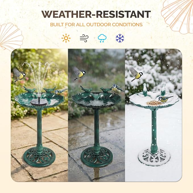 VINGLI Pedestal Bird Bath, Resin Birdbaths Weather Resistant Floral Accents and Vintage Finish Garden Decor for Outdoor Lightweight Courtyard (Green-Shell-Shaped with Solar Pump)