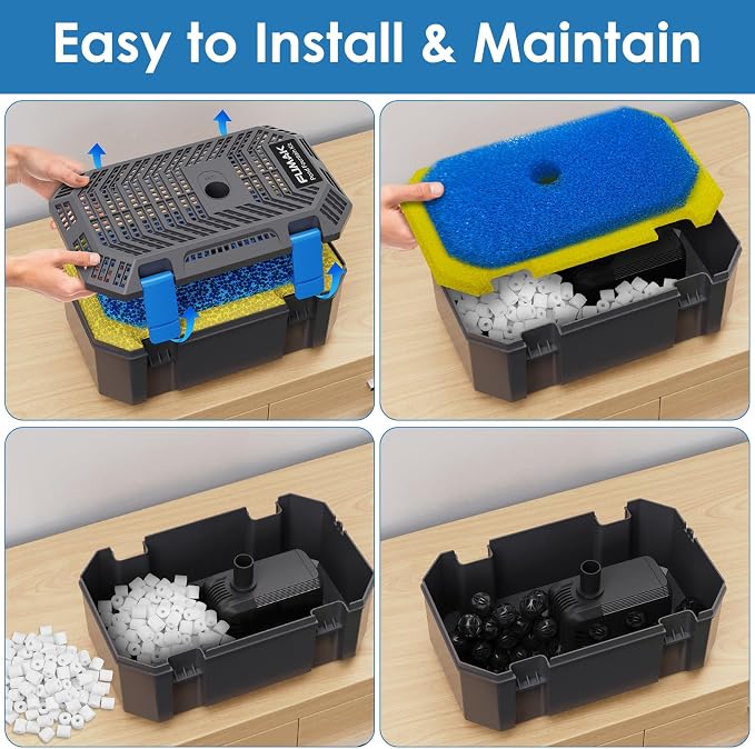 Pond Filter & Fountain Kit with 3 Spray Heads, All-in-one 550GPH Pond Fountain Pump with 4-Stage Filtration, for Garden, Water Feature, 350-500 Gallon Outdoor Koi Fish Ponds