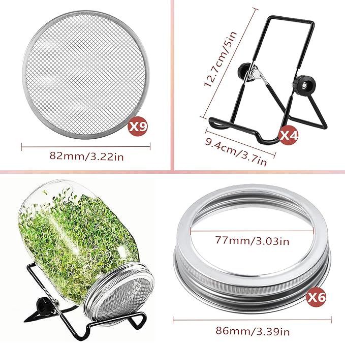 6 Pack Sprout Lids for Mason Jars Kit 316 Stainless Steel – 86mm Wide Mouth With 9 Mesh Filters & 4 Adjustable Stands – Easy Swap for Organic Broccoli, Alfalfa, Mung Bean Sprouts