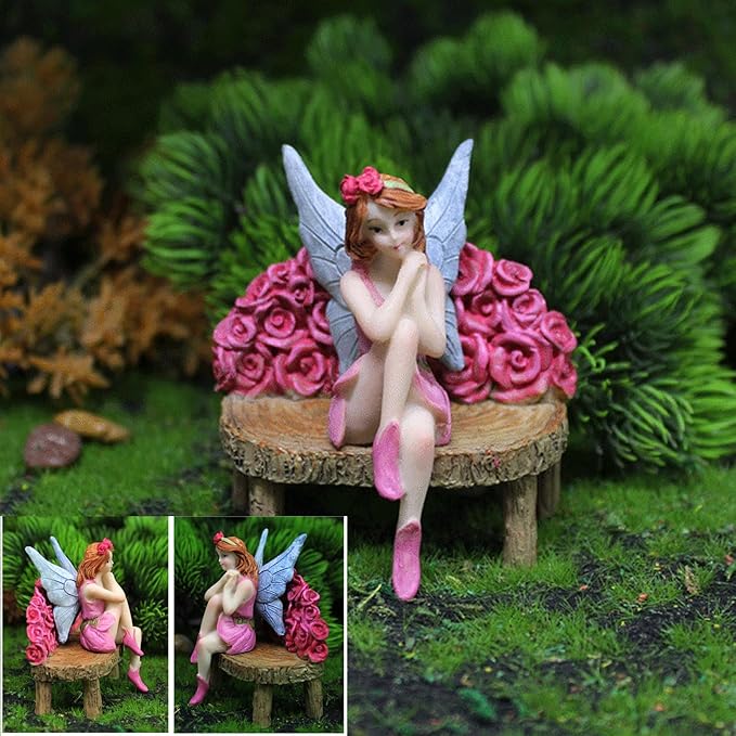 Miniature Garden Fairy Figurines Set, 4 Piece Fairy Garden Accessories with Flower Chair, Cute Fairies Gifts for Outdoor Fairy Garden Decor