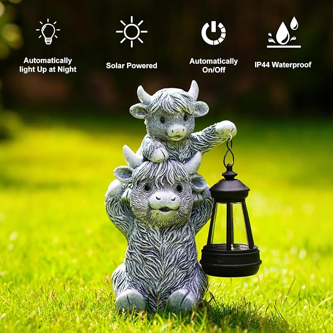 Solar Highland Cow Garden Decor - Resin Cow Statue with Solar Lantern Outdoor Yard Patio Decor - Ideal Gifts for Women,Mom Men (Grey)