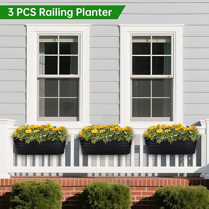 OGIMA Railing Planter Box, 3 Pack 16" Large Hanging Planters for Outdoor Plants with Detachable Wide Hooks for 2.7'' Railings, Balcony Planters Railing Hanging for Deck, Fence & Patio Decor