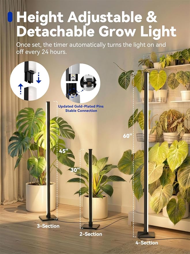 GLOWRIUM Grow Lights for Indoor Plants, 36W Vertical Plant Grow Lights with Auto-Timer, Full Spectrum LED Standing Plant Grow Light, 3 Light Modes, 6-Level Dimmable (60in)