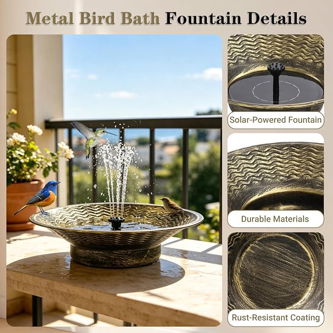 Bird Bath for Outside, Solar Powered Bird Bath Bowl Fountain, Solar Fountain Bird Bath for Outdoor Garden Patio Lawn Tabletop Decor (Gold)