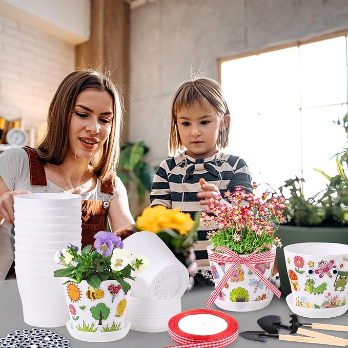 30 Pack Garden Plastic Pot Craft Kit DIY Flower Plant Crafts Nursery Pots with Stickers Flower Planting Growing Kit for Spring Summer Home Classroom School Creative DIY Art Project Activities