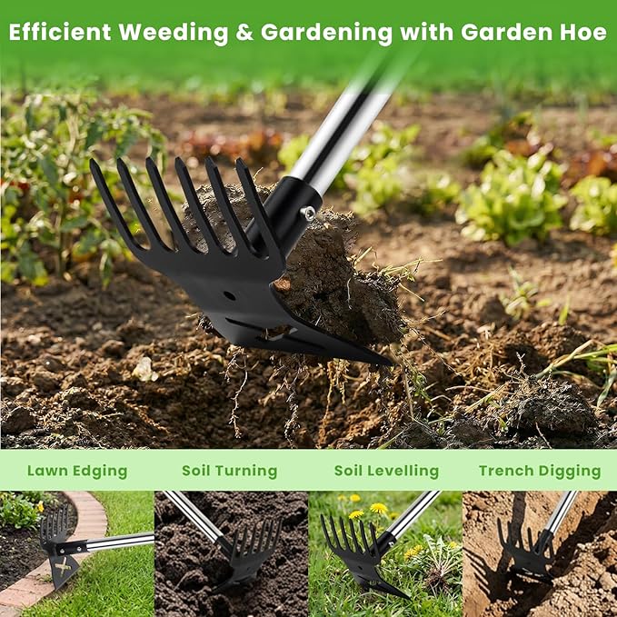 2 in 1 Garden Hoe for Weeding with Cultivator Rake, 57" Garden Weeders and Cultivators, Heavy Duty Hoe Garden Tool with Adjustable Long Handle, Manual Weed Tools for Gardening, Planting,Loosening Soil