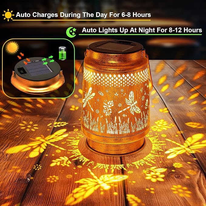 Solar Lanterns Outdoor Waterproof Dragonfly Garden Decor, Birthday Gifts for Women Mom Grandma, Hanging Solar Lights Metal LED Decoration with Shepherd Hook Outside for Yard Patio Lawn Porch