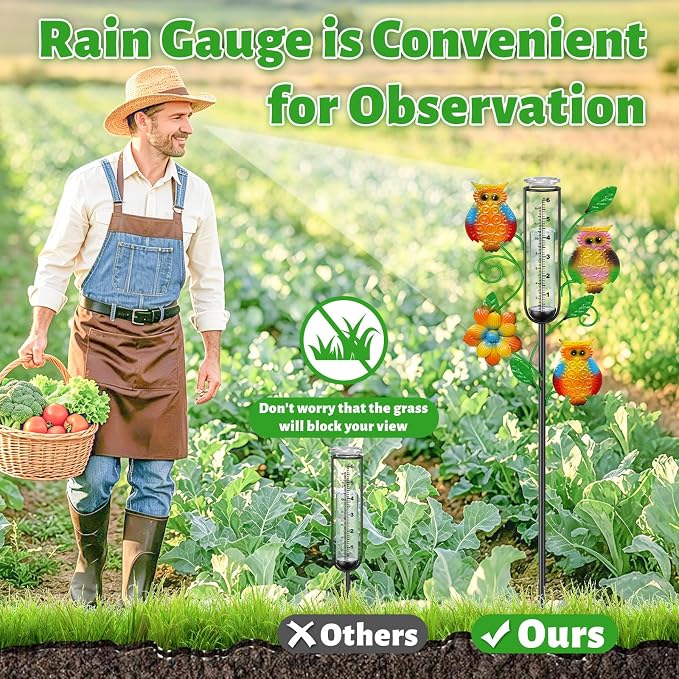 Owl Rain Gauge Outdoor, Metal Rain Gauges Stake with 6“ Glass Tube, Decorative Rain Gauges for Yard Garden Lawn for Precipitation Measurement