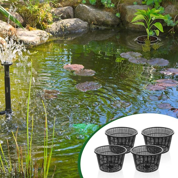 Roshtia 4 Pcs 8.35 Inch Hydroponic Baskets Aquatic Black Plastic Garden Mesh Net Pot Hydroponic Pots Slotted Pond Basket Aquarium Plant Pots for Lily Nursery Grow Planting Supplies