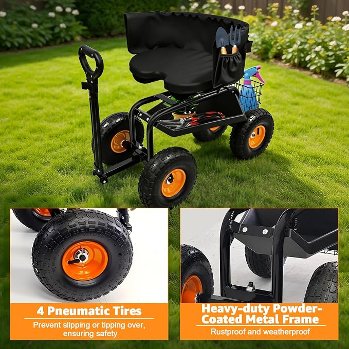 Rolling Garden Seat with Wheels, Adjustable 360° Swivel Workseat and Storage Basket, Extendable Handle, Outdoor Gardening Wagon Scooter