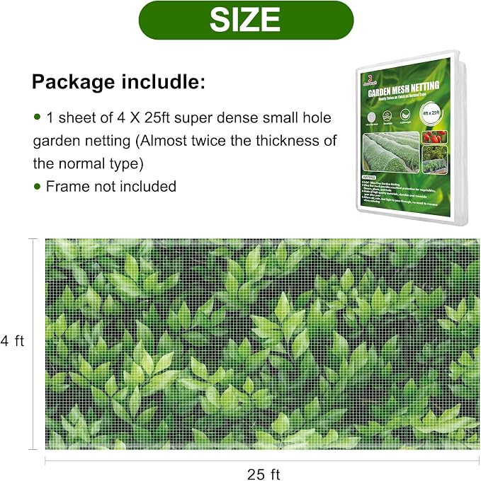 Garden Netting, Jevrench Durable Ultra Fine Garden Netting, Garden Plant Cover Row Cover Makes Plants, Vegetables, Fruits, and Flowers Grow Better (4ft x 25ft)
