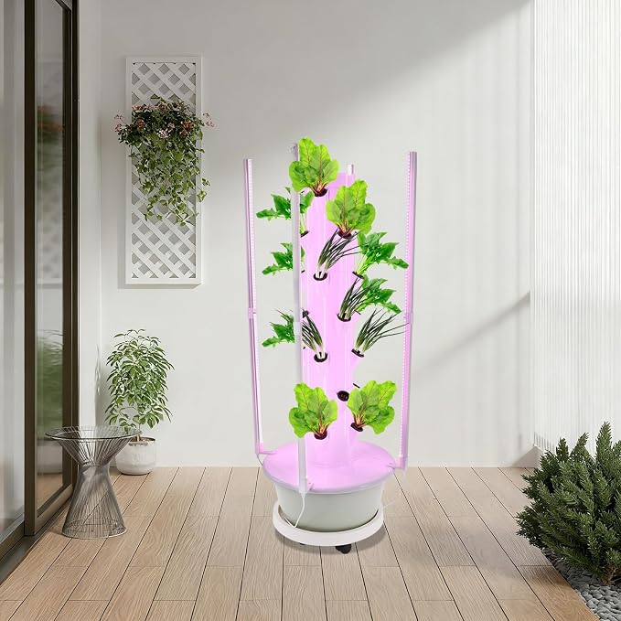 Hydroponic Growing System with LED Grow Lights, 28 Pods 7 Tiers Vertical Hydroponic Tower, Home Hydroponic Garden with Water Pump, Timer, Plants Germination Kit for Herbs, Fruits, Vegetables