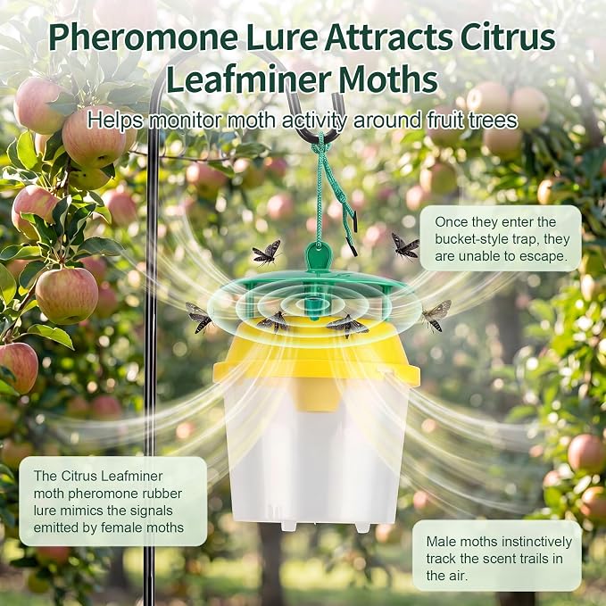 12 Pcs Reusable Leafminer Trap with Pheromone Lures, Bucket Style Insect Trap with 36.2'' Ground Stake, Outdoor Monitoring Tools for Citrus Trees Garden Orchard (2 Lures Included)