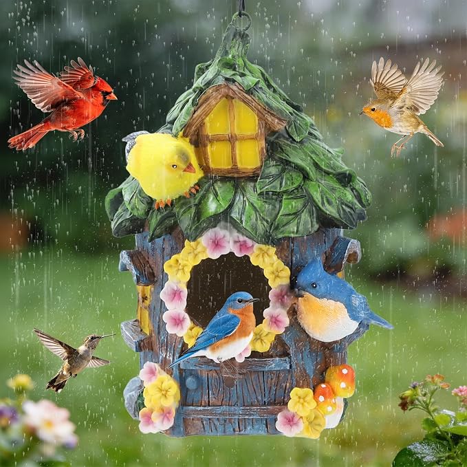 Bird Houses for Outside Real Wood-Look Birdhouse with Blue Bird – Hand-Painted Resin Birdhouses for Outdoors for Bluebird Finches Cardinals Bird Nesting Garden, Patio, Yard