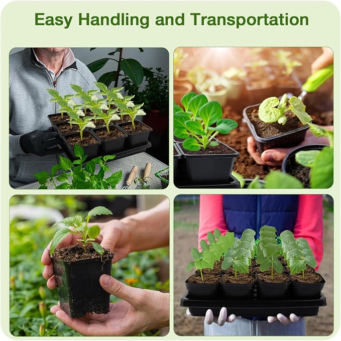 50Pcs 3.5inch Square Nursery Pots with 5Pcs Seed Starting Trays, Seed Starter Tray Kit, Seeds Starting Germination, Seeding Pots with Drain Holes, Small Plant Nursery Propagation