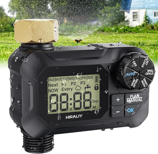 HIRALIY Water Timer for Garden Hose, Programmable Sprinkler Timer Outdoor, for Irrigation System Garden Watering, Rain Delay/Manual Mode, Brass Connector, IP65 Waterproof