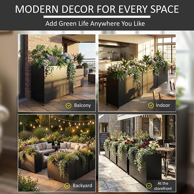 Metal Planter Box with Wheels, 36" Large Rolling Outdoor Planter with Drainage & Removable Shelf, Rectangular Planter Raised Garden Bed for Patio, Balcony, Porch & Backyard, Black
