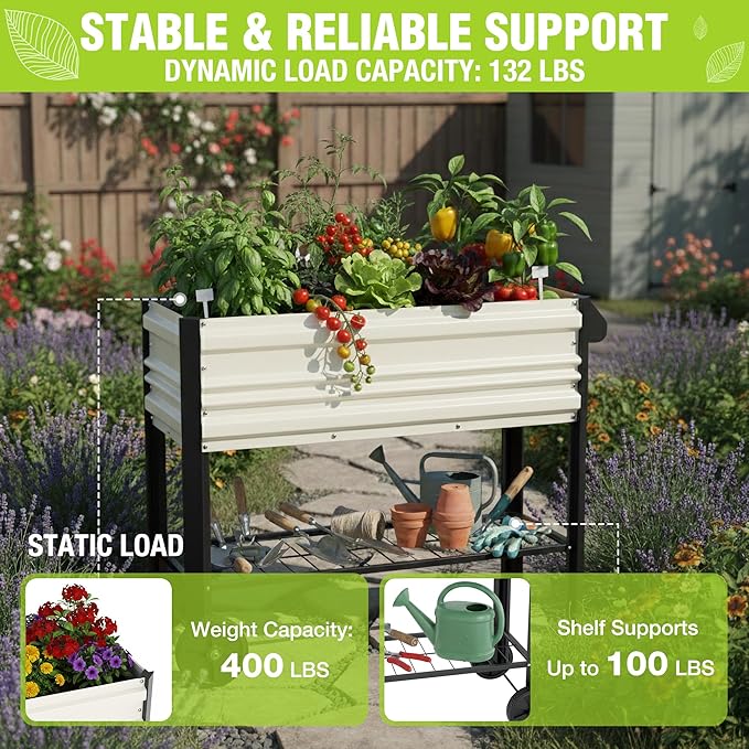 WORKPRO Galvanized Raised Garden Bed with Legs & Wheels, 37x14.6x31.6in, 400LB Capacity Elevated Planter Box for Garden, Backyard, Patio & Deck, White