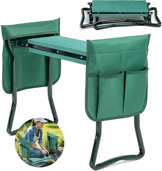 Healsmart Garden Kneeler and Seat, Foldable Kneeling Bench with Sturdy Soft EVA Foam Pad for Gardening, Camping, Fishing, 2 Tool Pouches Included, Green