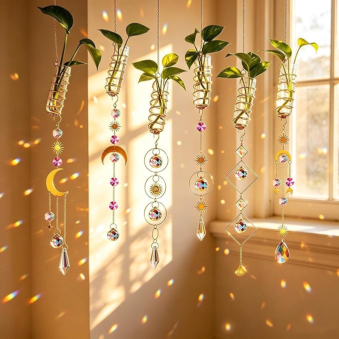 HDCRYSTALGIFTS 4Pcs Crystal Suncatchers with Propagation Stations,Glass Wall Planters for Indoor Plants Hydroponics - Propagation Tubes Jars with Sun Catchers Metal Chain for Home Whimsical Decor