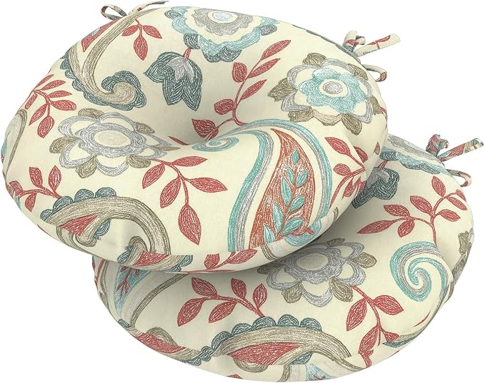 DYTXIII Set of 2 Outdoor Round Chair Cushions 15"x15"x4" with Ties, Water Repellent Tufted Bistro Seat Cushions, Thick Patio Chair Pads for Bar Stool, Garden & Dining Furniture - Paisley Vintage