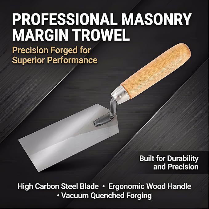 Masonry steel Margin Trowel, 6 x 2 Inches, High-Hardness Steel Blade, Ergonomic wood Handle