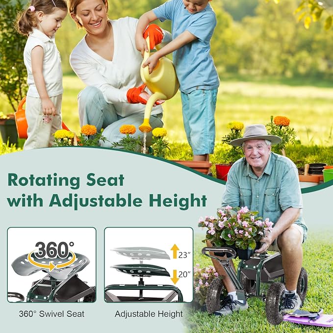 J-Sun-7 Garden Cart with Seat - Steel Rolling Garden Scooter Stool with Wheels, 360 Degree Swivel Work Seat, Adjustable Handle, Tool Tray, Basket, Gardening Stools for Seniors, Green