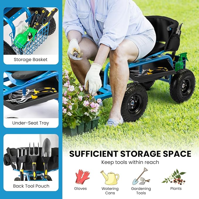 Byroce Rolling Garden Cart with Seat, Heavy Duty Wheelbarrow Utility Cart with Metal Frame, Swivel Seat, Tool Tray, Storage Basket & Adjustable Handle, Outdoor Garden Wagon Scooter for Yard (Blue)